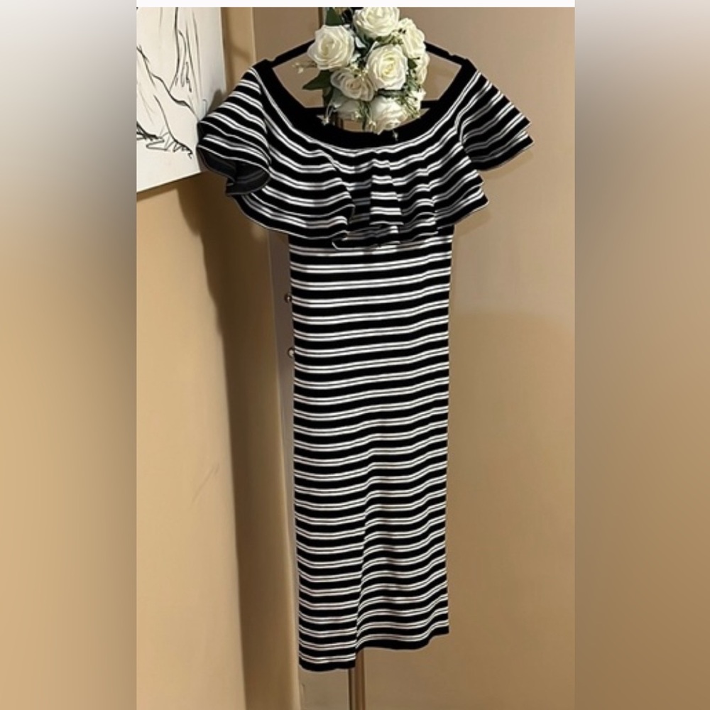 BNWT FLYING TOMATO A. CALIN BLACK & WHITE RUFFLE KNIT BODY CON MIDI DRESS SIZE S